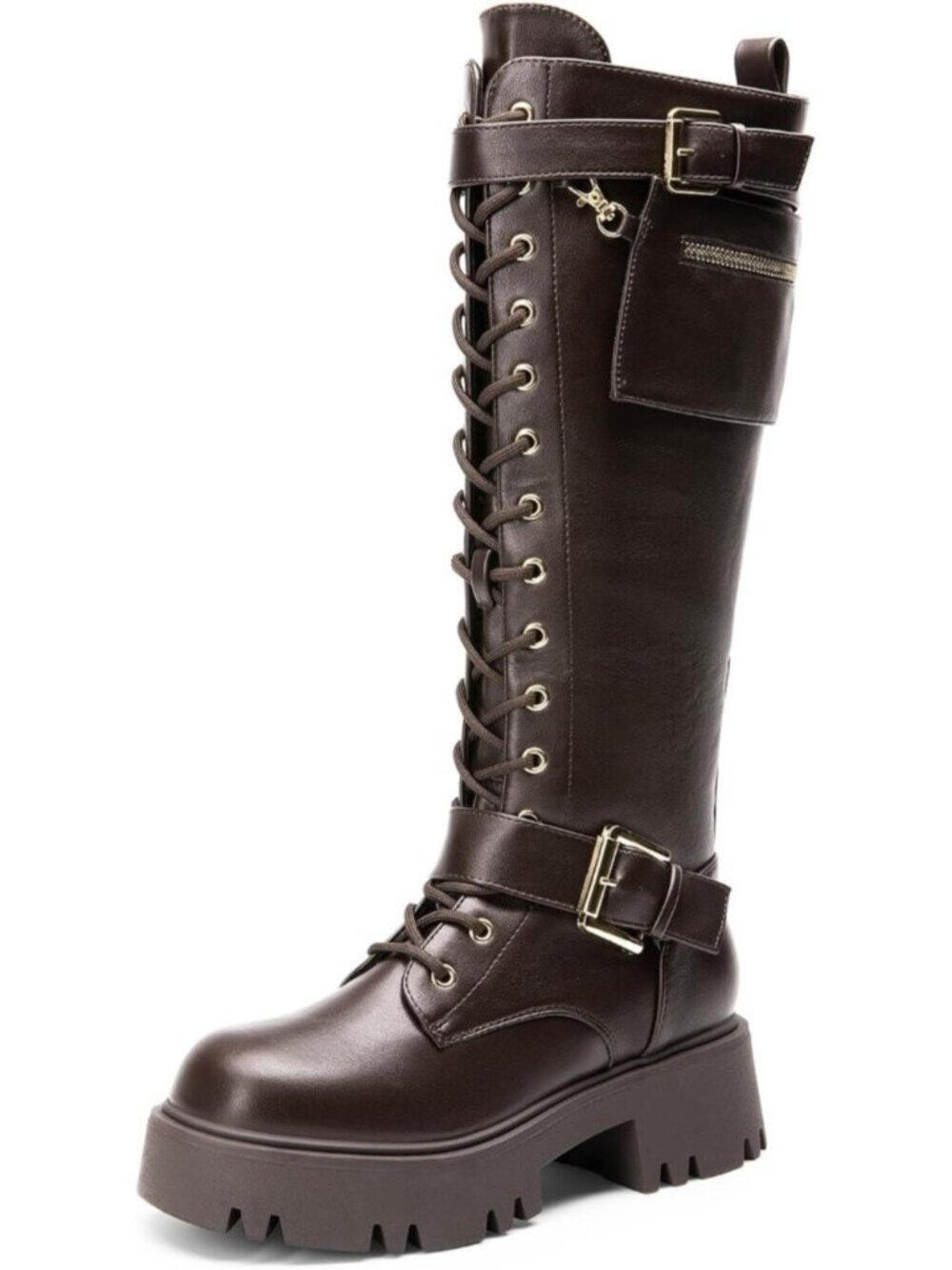 Women's Brown Round Toe Lace Up Removable Pocket Zipper Knee High Combat Boots